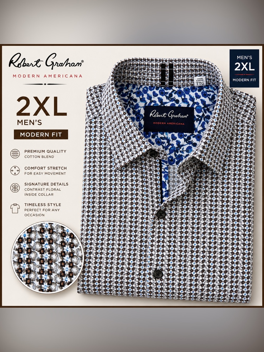 Robert Graham Modern Americana 2XL Geometric Stretch Button Shirt Blue